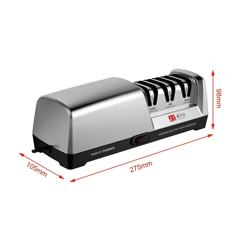 Knife sharpener with dimensions indicated on a white background